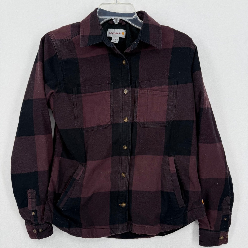 Carhartt Women's Flannel Lined Shirt Jacket Purple Black XS Hamilton Rugged Flex